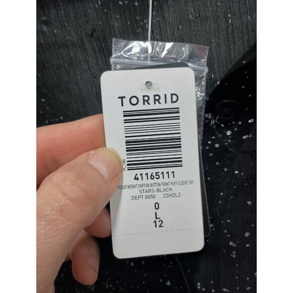 Torrid Womens Black Star Print Tissue Weight Top Size 12 Chiffon Puff Sleeve NEW - Picture 4 of 11